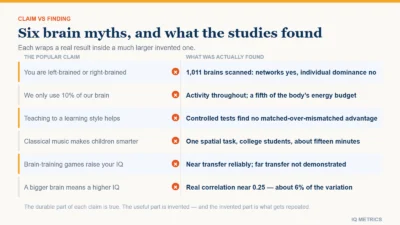 Chart contrasting six popular brain claims with what research found, showing the residual grain of truth in each: lateralisation without dominance, whole-brain activity, no meshing effect, no far transfer and a small brain size correlation