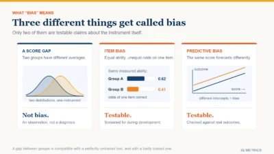 Diagram separating three things often confused under the word bias: a score gap between groups, item bias where equally able test-takers answer differently, and predictive bias where a score forecasts an outcome differently by group
