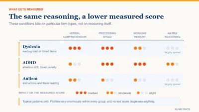 Grid rating how far dyslexia, ADHD and autism affect four IQ test domains: verbal comprehension, processing speed, working memory and matrix reasoning, which is largely spared
