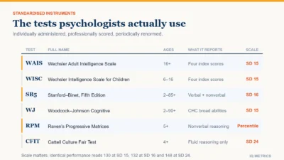 Comparison of the professional IQ tests psychologists use and what each measures