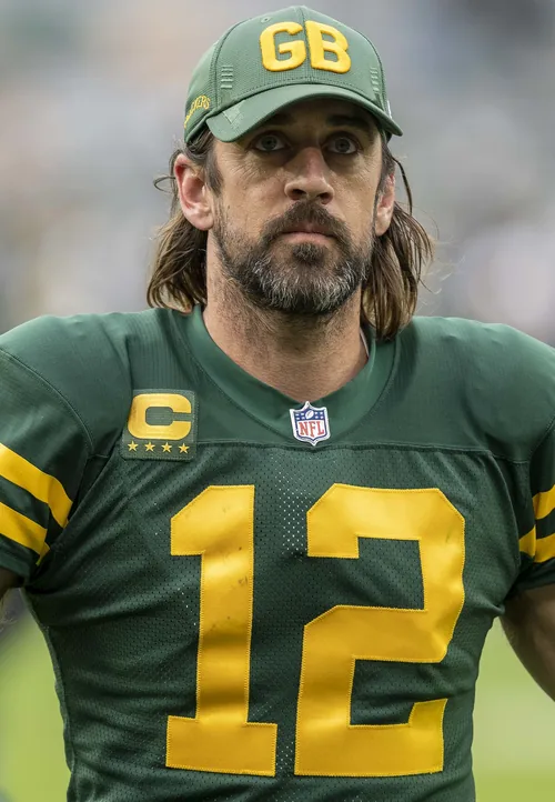 Aaron Rodgers of the Green Bay Packers after a game at Lambeau Field, October 24, 2021