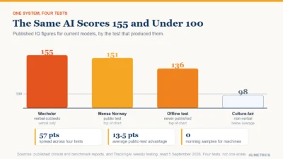 Chart of reported AI IQ figures from four different tests, ranging from below 100 on a culture-fair test to 155 on the verbal subtests of the Wechsler scale, showing how far the same systems spread across tests