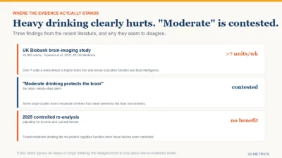 Three rows on alcohol and cognition: a 2022 UK Biobank study linking more than seven units a week to higher brain iron and worse cognitive function, the older contested claim that moderate drinking protects the brain, and a 2025 re-analysis finding no protective effect once income and cultural factors are controlled.