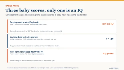 Three rows comparing early scores: Bayley-4 development scales for ages 1 to 42 months are not an IQ, looking-time tasks predict later IQ with a correlation of about .36, and the first norm-referenced IQ score is available from 2 years 6 months.