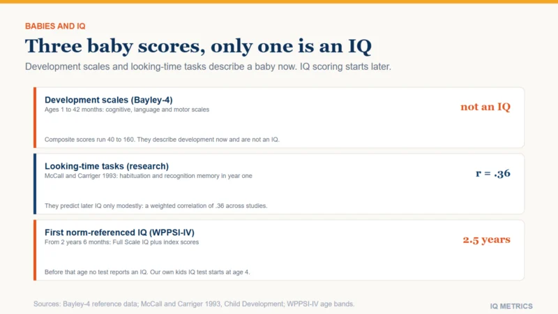 Three rows comparing early scores: Bayley-4 development scales for ages 1 to 42 months are not an IQ, looking-time tasks predict later IQ with a correlation of about .36, and the first norm-referenced IQ score is available from 2 years 6 months.