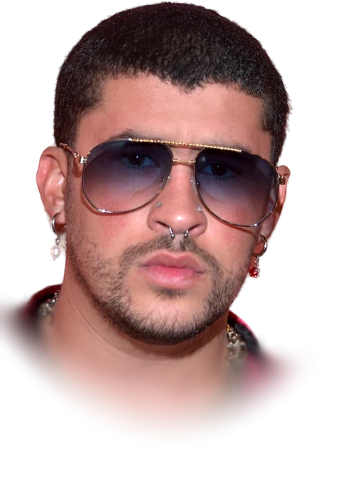 Bad Bunny in tinted aviator sunglasses and a velvet shirt, photographed in Los Angeles in October 2019