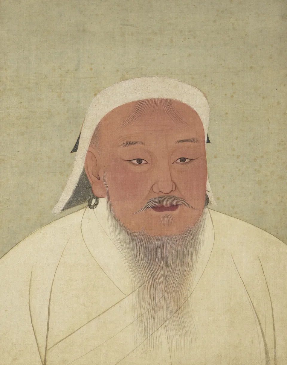 A Yuan-dynasty album-leaf portrait of Genghis Khan, painted in ink and color on silk