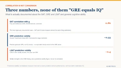 Three rows comparing the SAT correlation with general cognitive ability at 0.86 against the GRE predictive validity of about 0.33 and the LSAT predictive validity of about 0.4, with a note that these measure different things.