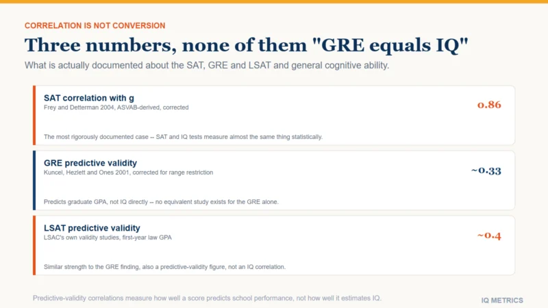 Three rows comparing the SAT correlation with general cognitive ability at 0.86 against the GRE predictive validity of about 0.33 and the LSAT predictive validity of about 0.4, with a note that these measure different things.