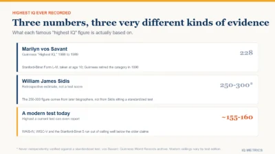 Comparison of three highest-IQ figures: Marilyn vos Savant's 228 Guinness record, William James Sidis's unverified 250 to 300 estimate, and the roughly 155 to 160 ceiling of a modern IQ test.
