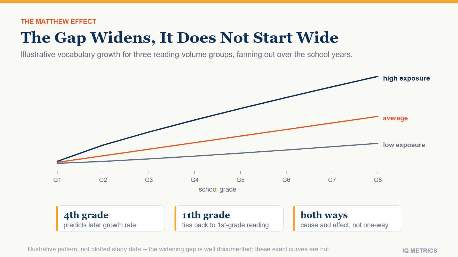 Line chart of vocabulary size across school grades for three reading-volume groups, starting close together in early grades and fanning out into a wide gap by the later grades