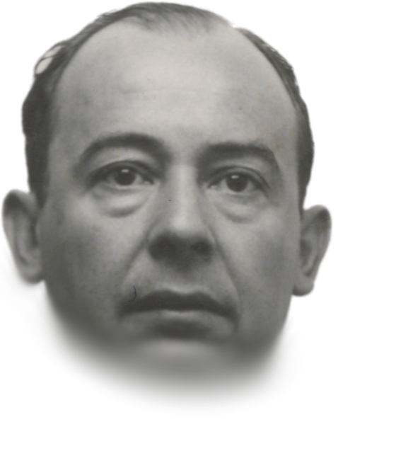 John von Neumann in a Los Alamos identity badge photograph, c. 1940s
