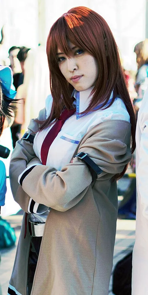 A cosplayer in costume as Kurisu Makise from Steins;Gate