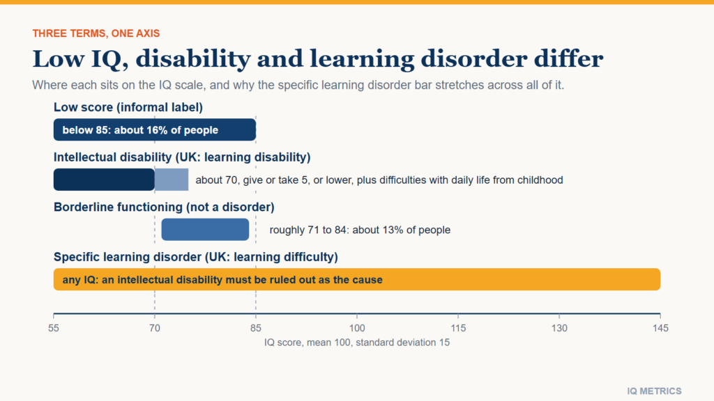 An IQ axis from 55 to 145 with four bars: intellectual disability at about 70 or below plus adaptive difficulties, borderline functioning from 71 to 84, a low score below 85, and a specific learning disorder that spans the whole range.