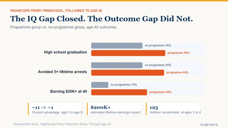 Bar chart comparing Perry Preschool program and no-program groups at age 40: 65 versus 45 percent high school graduation, 64 versus 45 percent avoiding five or more arrests, and 49 versus 15 percent earning over 20,000 dollars, despite the early IQ advantage fading by age eight
