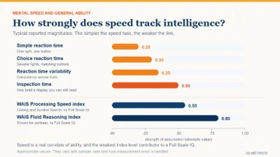 Diagram showing where processing speed sits in the structure of cognitive ability, with simple reaction time, choice reaction time and inspection time on one axis and their differing strength of association with general intelligence shown alongside