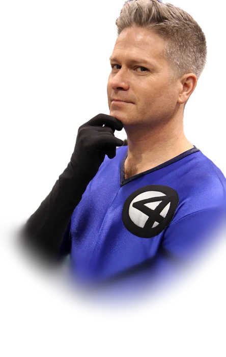 A cosplayer dressed as Reed Richards (Mister Fantastic) from Marvel Comics, photographed at WonderCon in April 2017