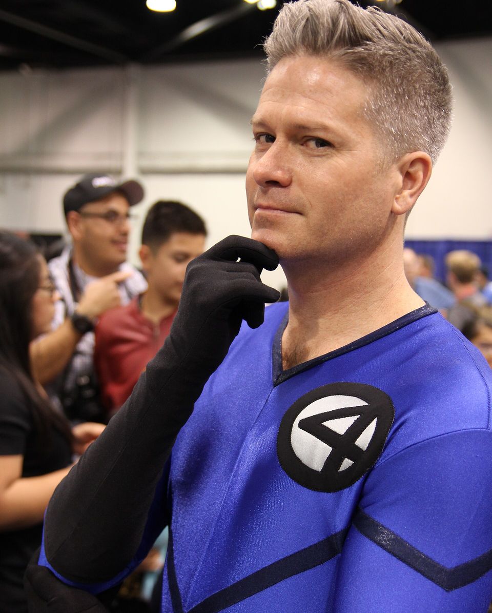 A cosplayer dressed as Reed Richards (Mister Fantastic) from Marvel Comics, photographed at WonderCon in April 2017