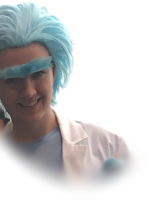 A cosplayer in costume as Rick Sanchez, photographed at Fan Expo Canada in 2017