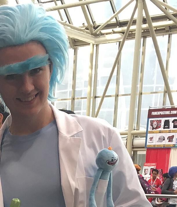A cosplayer in costume as Rick Sanchez, photographed at Fan Expo Canada in 2017