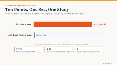 Bar chart comparing verbal and total IQ scores in six-year-old boys by sleep duration: about 10 points higher in boys sleeping 10 or more hours a night versus boys sleeping less than 8 hours