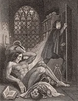 Theodor von Holst’s 1831 frontispiece to Frankenstein, showing Victor recoiling from the creature