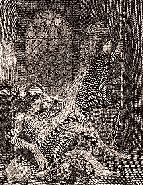 Theodor von Holst’s 1831 frontispiece to Frankenstein, showing Victor recoiling from the creature