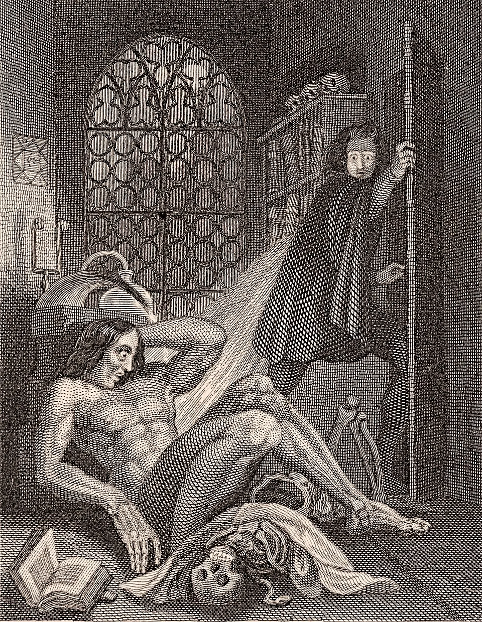 Theodor von Holst’s 1831 frontispiece to Frankenstein, showing Victor recoiling from the creature