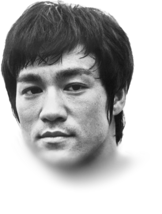 Bruce Lee looking at the camera with dark swept hair in a black-and-white publicity photograph from 1971