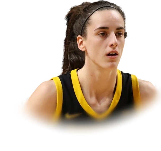 Caitlin Clark with her hair tied back in a black Iowa jersey during a game in February 2024