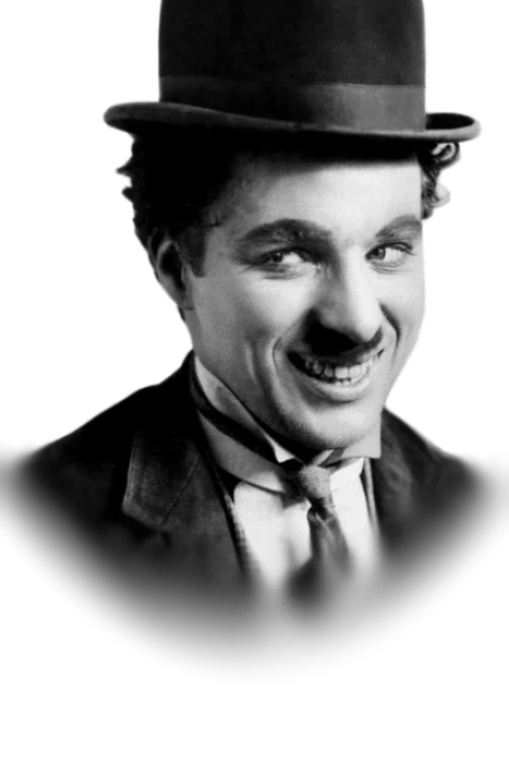 Charlie Chaplin smiling in his Tramp costume and bowler hat in a photograph from 1915