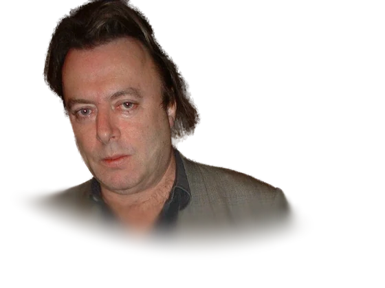 Christopher Hitchens with swept-back brown hair in a gray-green jacket and dark open-collared shirt, looking at the camera in January 2004