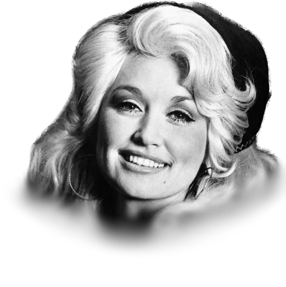 Dolly Parton smiling with voluminous blonde hair in a black-and-white RCA publicity photograph