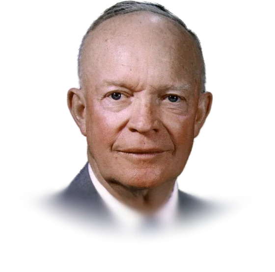 Dwight D. Eisenhower in a gray suit, white shirt and blue polka-dot tie, in his official presidential portrait of May 29, 1959