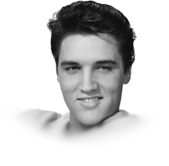 Elvis Presley smiling in a light open-collared shirt in a 1958 magazine photograph