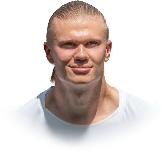 Erling Haaland with slicked-back hair smiling in a white number 9 shirt in June 2026