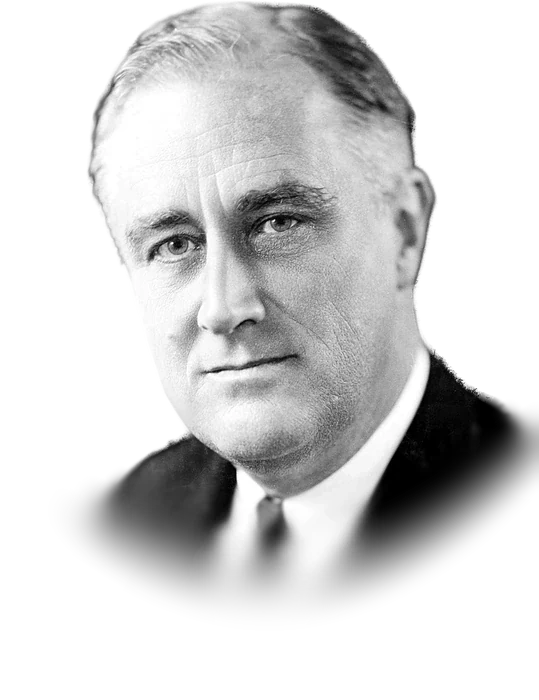 Franklin D. Roosevelt in a dark suit, white shirt and tie, looking toward the camera in a black-and-white studio portrait made in December 1933