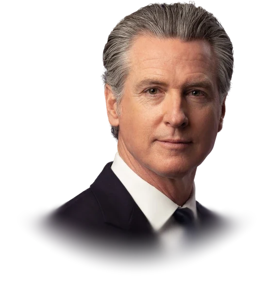 Gavin Newsom with swept-back gray hair in a dark suit, white shirt and dark tie, in his 2026 official portrait as Governor of California