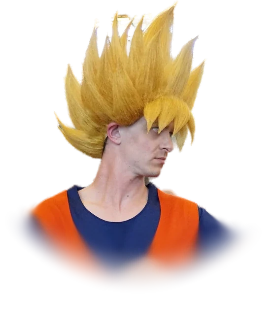 A cosplayer dressed as Goku from Dragon Ball in a golden Super Saiyan wig and an orange gi, crossing his wrists, at Japan Expo in July 2016
