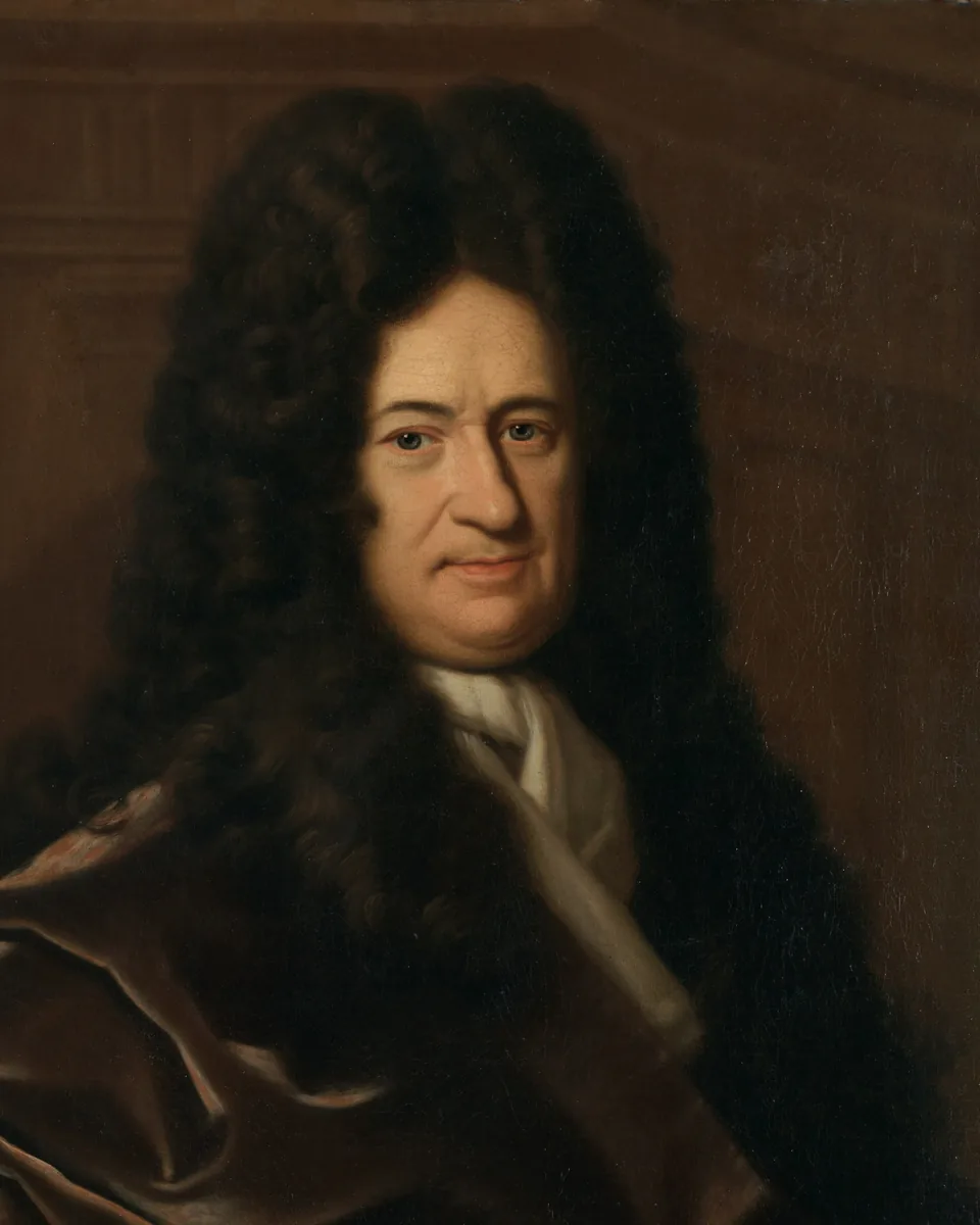 Gottfried Leibniz in a long dark curled wig and a dark velvet coat with a white cravat, in Christoph Bernhard Francke’s portrait of about 1695