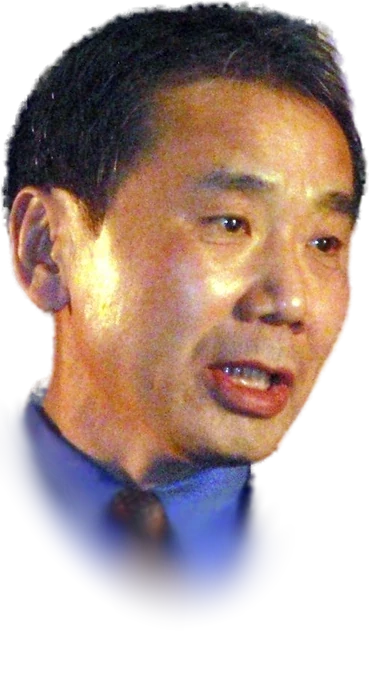 Haruki Murakami in a dark suit, blue shirt and striped tie, speaking at a podium in 2009
