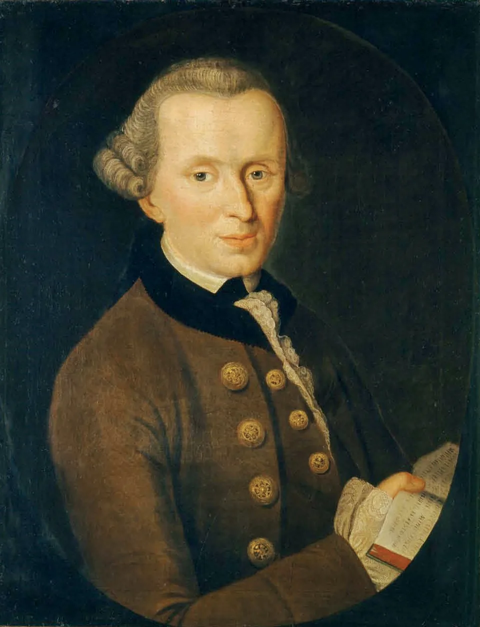 Oil portrait of Immanuel Kant in a powdered wig and a brown coat, holding a book, painted by Johann Gottlieb Becker in 1768