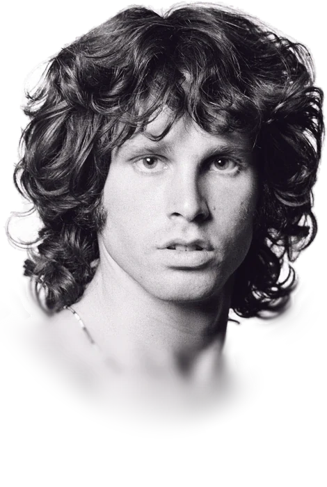 Jim Morrison with tousled dark curly hair looking at the camera in a black-and-white 1967 studio portrait