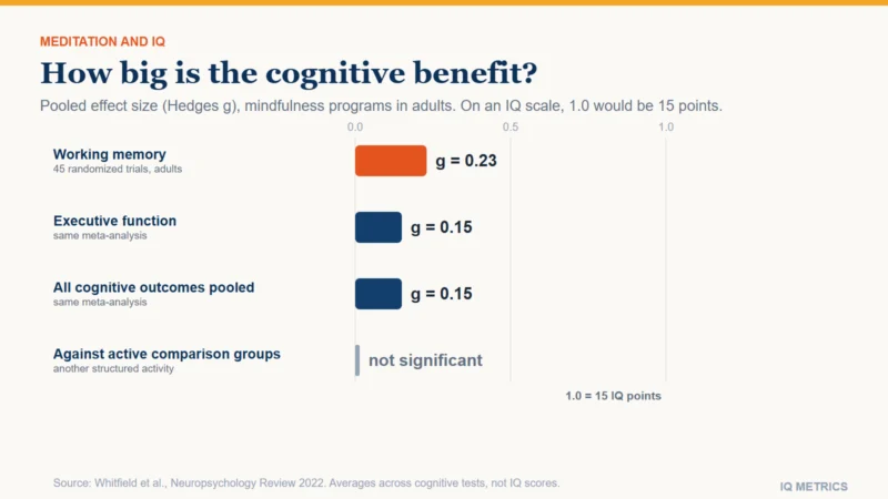 A bar chart of pooled effect sizes (Hedges g) from a 2022 meta-analysis of 45 randomized trials of mindfulness-based programs in adults. Working memory: 0.23. Executive function: 0.15. All cognitive outcomes pooled: 0.15. Against active comparison groups: no significant benefit. On an IQ scale an effect size of 1.0 would be 15 points; these are averages across cognitive tests, not IQ scores.