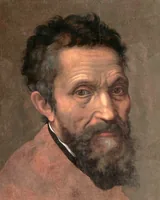 Michelangelo with dark curly hair and a gray forked beard, in a pink-brown robe with a dark collar, in a portrait attributed to Daniele da Volterra from about 1545