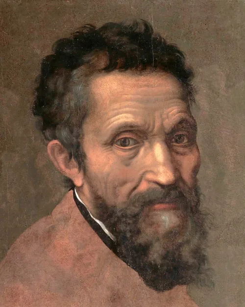 Michelangelo with dark curly hair and a gray forked beard, in a pink-brown robe with a dark collar, in a portrait attributed to Daniele da Volterra from about 1545