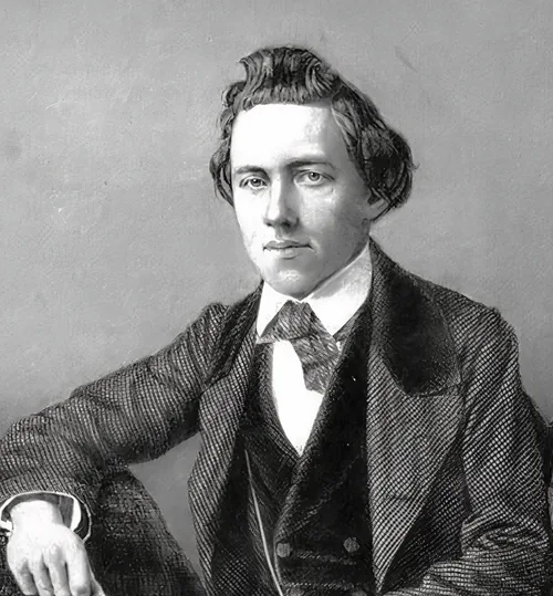 Engraved portrait of the chess master Paul Morphy seated in a dark frock coat with one arm resting on a chair