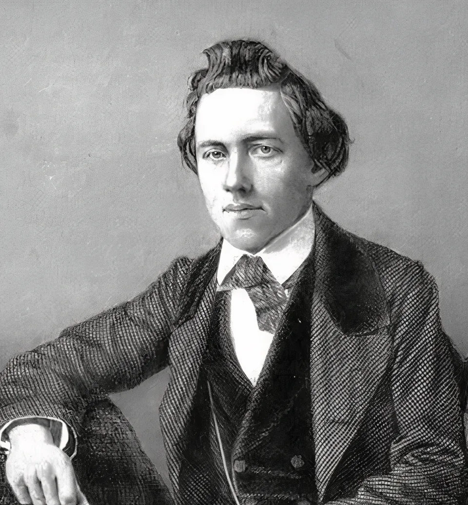 Engraved portrait of the chess master Paul Morphy seated in a dark frock coat with one arm resting on a chair
