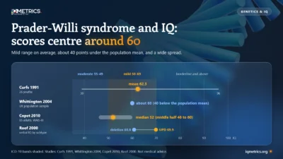 Number line of IQ scores from 35 to 100 with the moderate (35 to 49) and mild (50 to 69) intellectual disability bands shaded and four Prader-Willi syndrome studies marked: a mean of 62.3 and range 39 to 96 in 26 youths, about 60 in a UK population sample, a median of 52 in 85 adults, and verbal IQ of 60.8 with a deletion against 69.9 with maternal UPD.