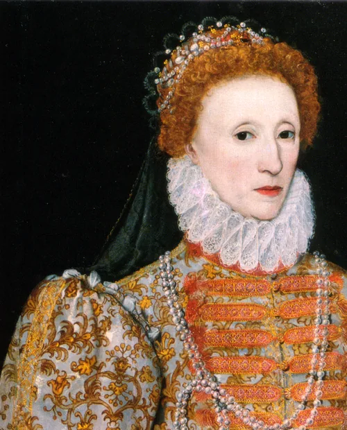 Elizabeth I of England with red-gold hair under a pearl-studded headdress, a white lace ruff and a gold embroidered bodice, in the Darnley Portrait of about 1575
